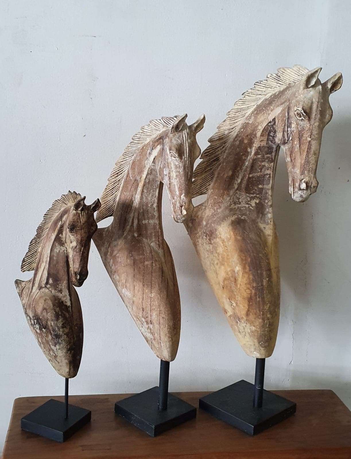 Hand carved Wooden Horse Statue Large in Medium Brown Wash