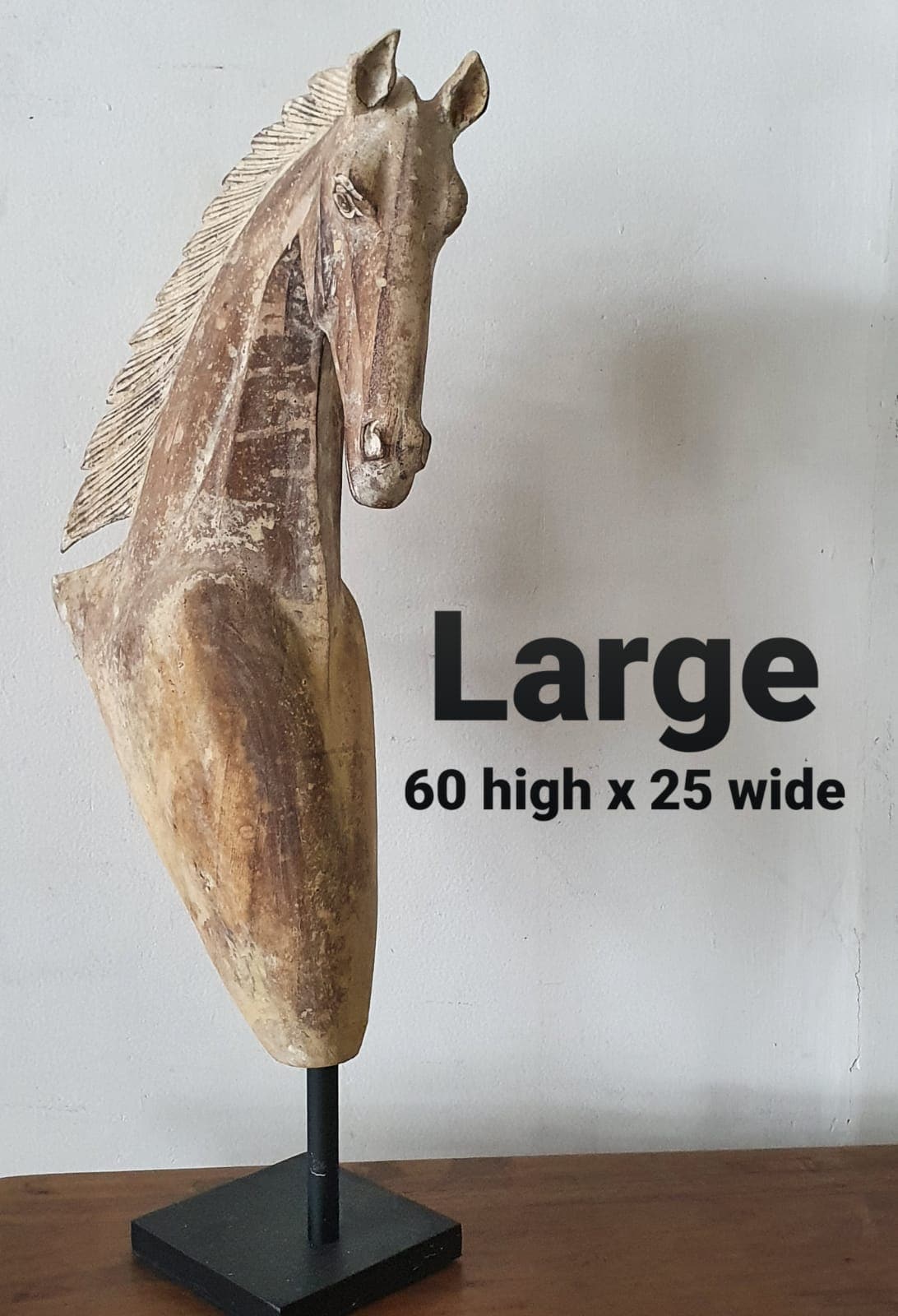 Hand carved Wooden Horse Statue Large in Medium Brown Wash