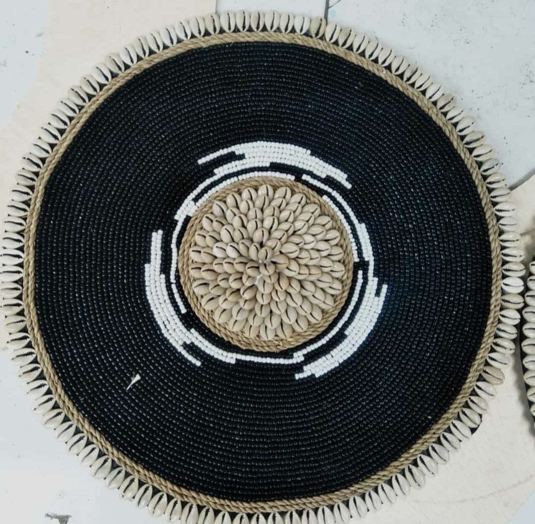Large Beaded Tribal Shield in Black, White and Natural