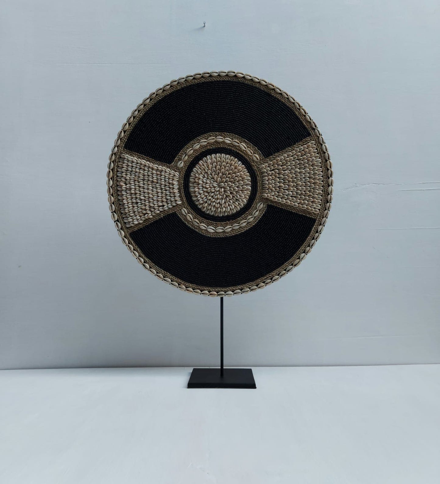 Cowrie Beaded Shield in Tan and Black