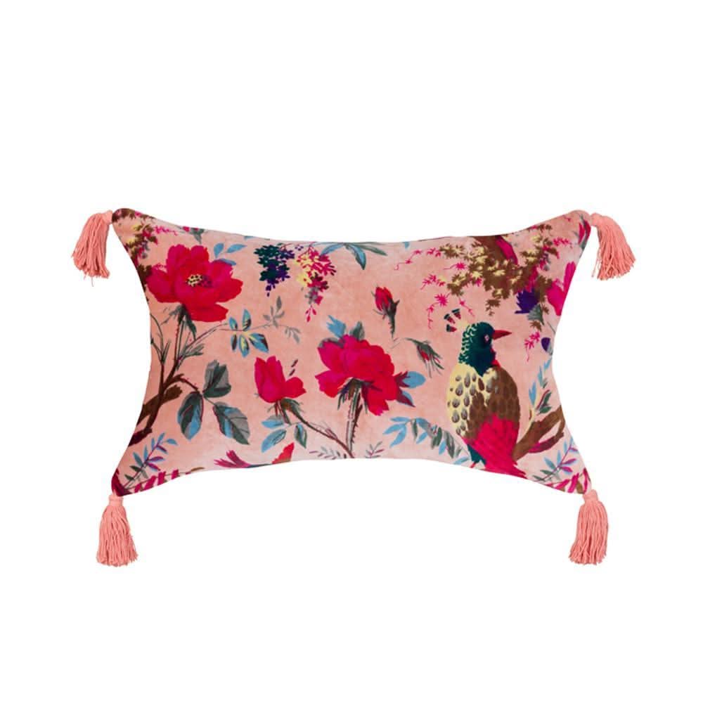 Velvet Bird of Paradise Lumbar Pillow with Tassels in Peach