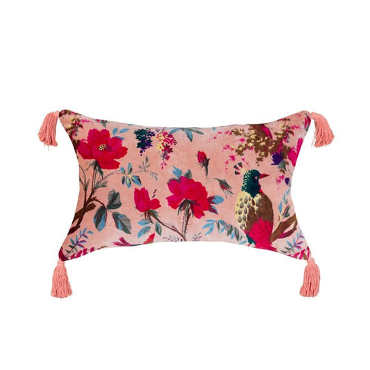 Velvet Bird of Paradise Lumbar Pillow with Tassels in Peach