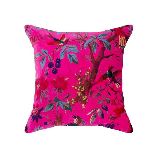 Coussin en velours oiseau de paradis rose