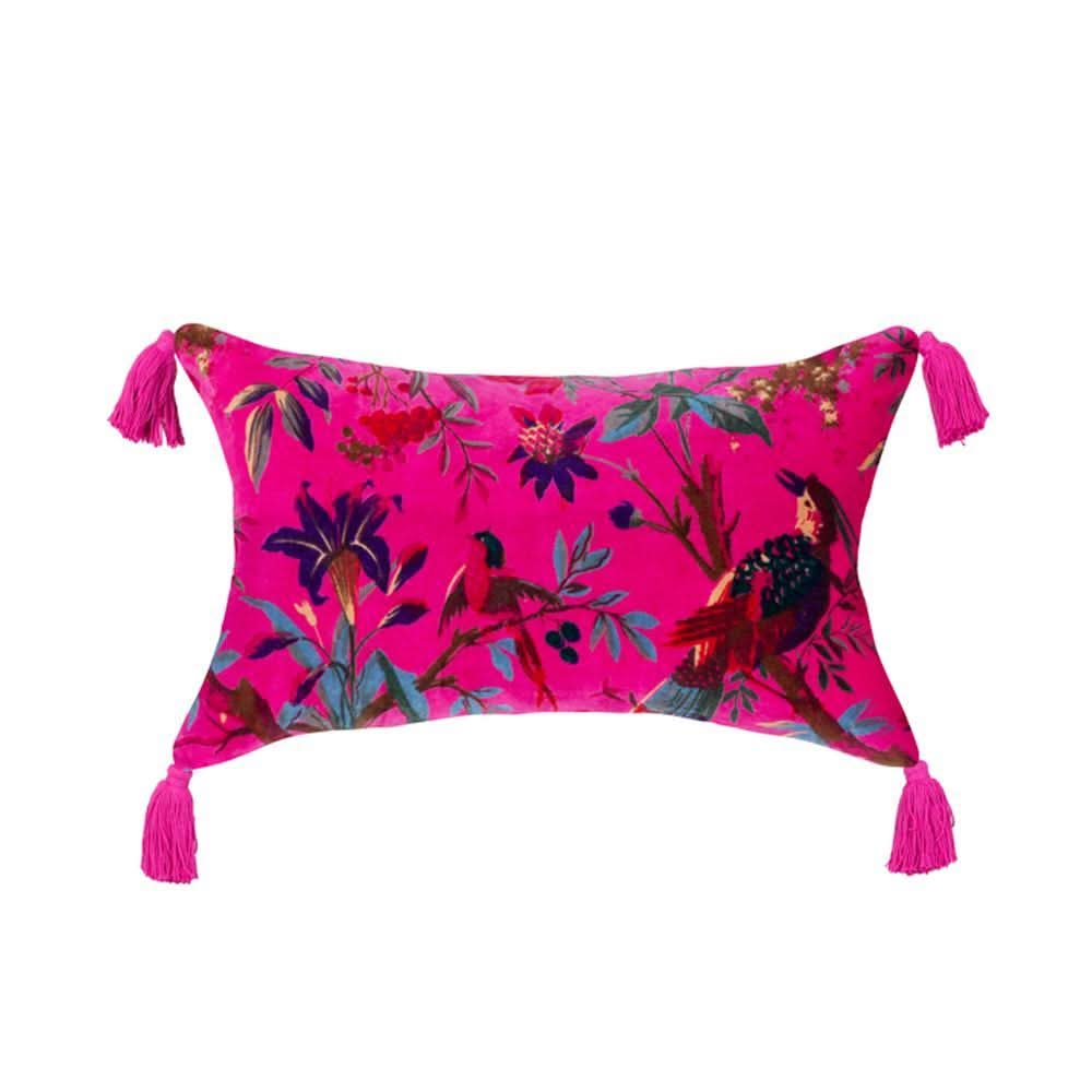 Velvet Bird of Paradise Lumbar Pillow with Tassels in Pink