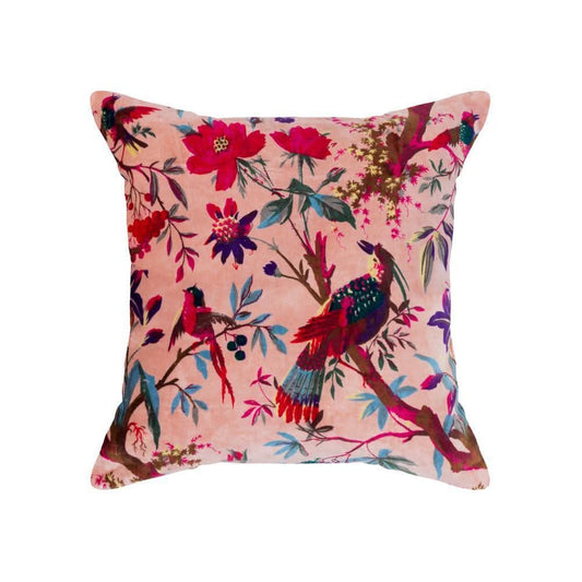 Coussin décoratif oiseau de paradis en velours pêche
