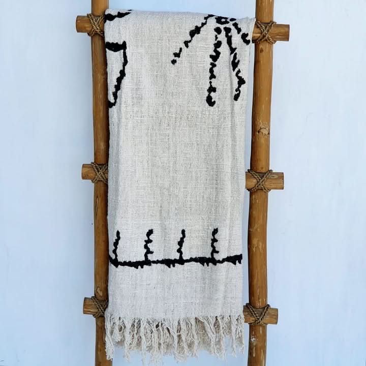 Tribal Fringed Throw Blanket in Black and Ivory