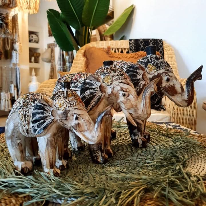 Set of 3 Hand Carved Elephants in White Wash