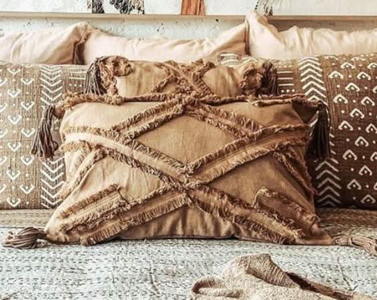 Coussin décoratif tabac à pompons