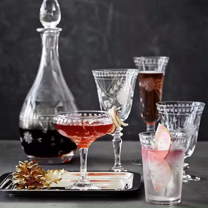 Set of 4 Vintage Engraved Hand Blown Wine Glasses