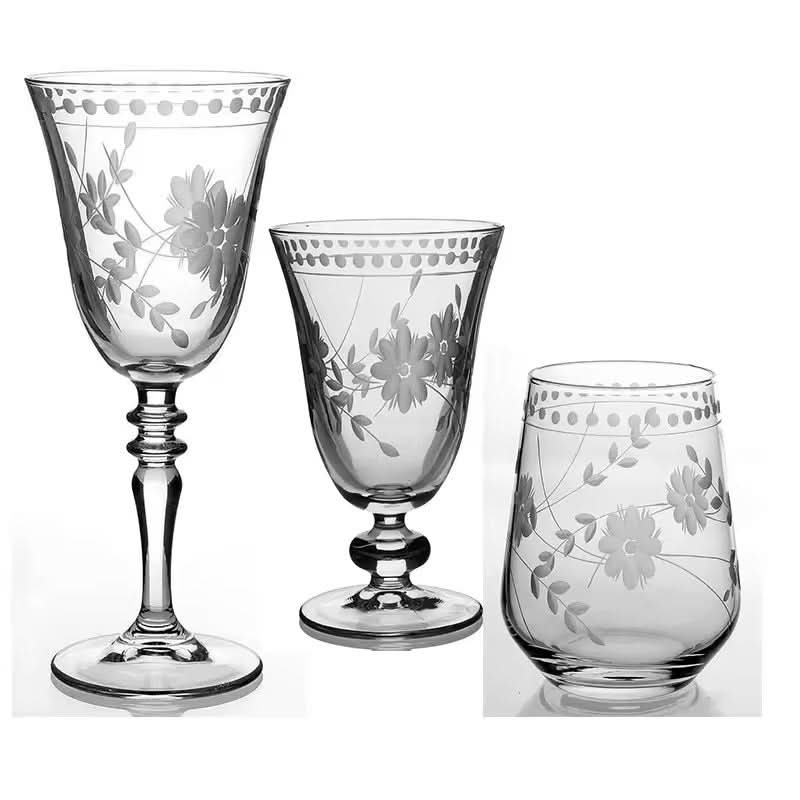 Set of 4 Vintage Engraved Hand Blown Wine Glasses
