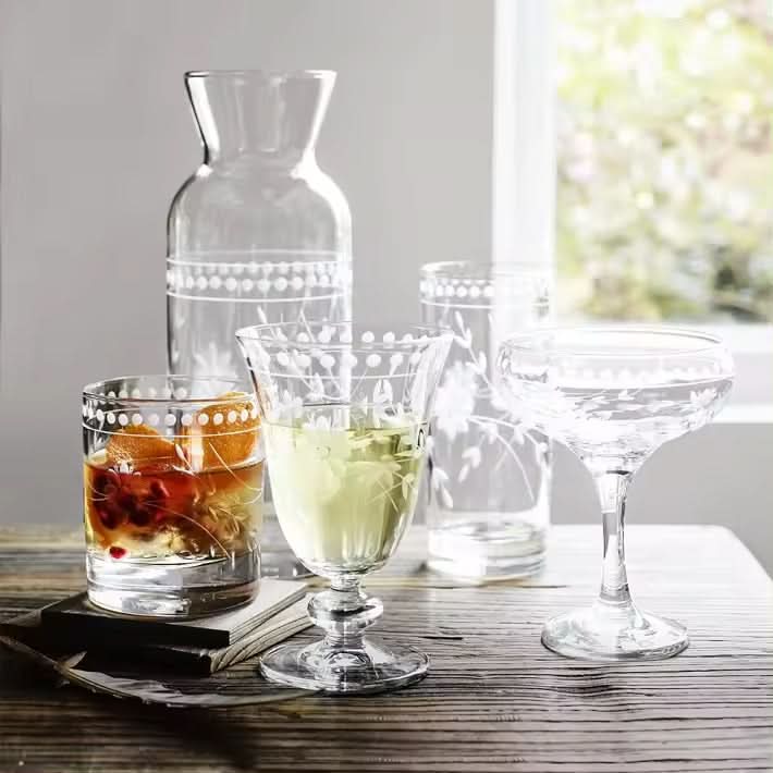Set of 4 Vintage Engraved Hand Blown Wine Glasses