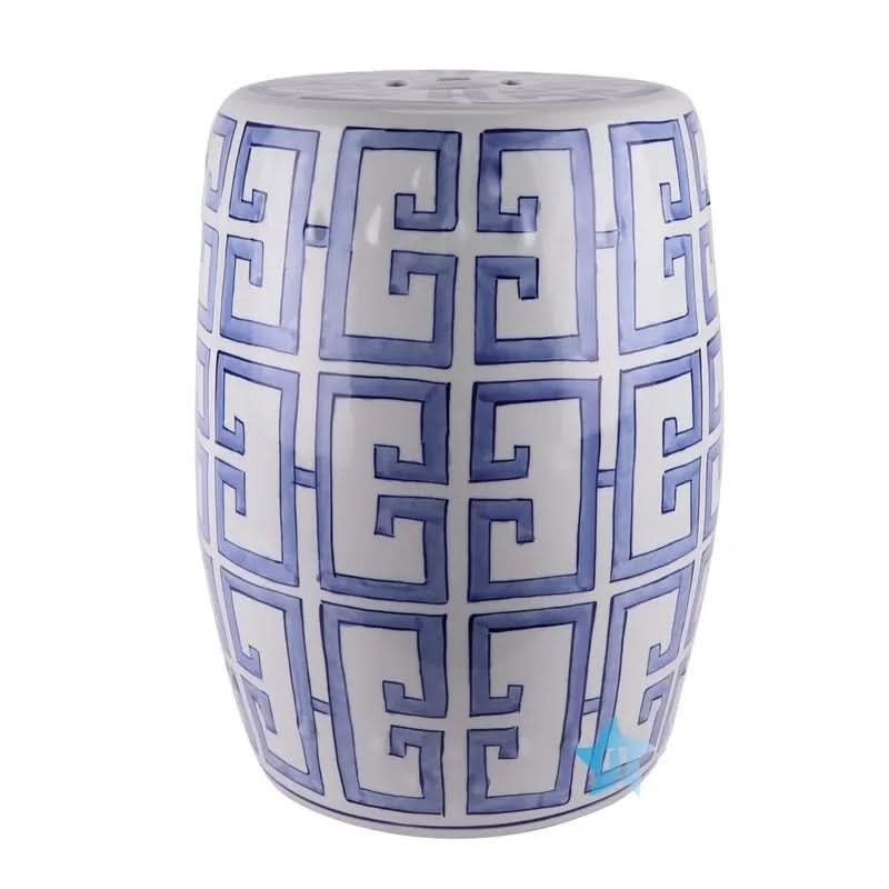 Ceramic Garden Stool in White and Blue Greek Key Pattern