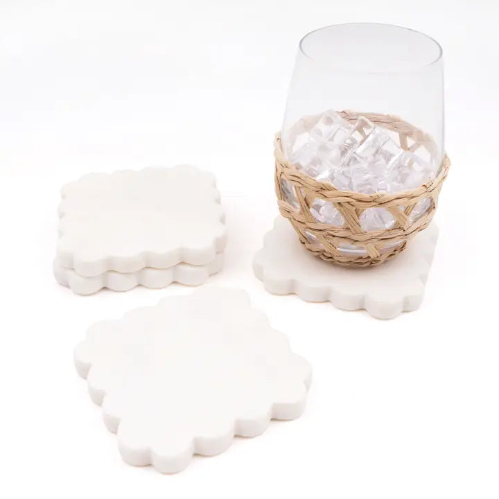 White Marble Scalloped Coaster Set of 4