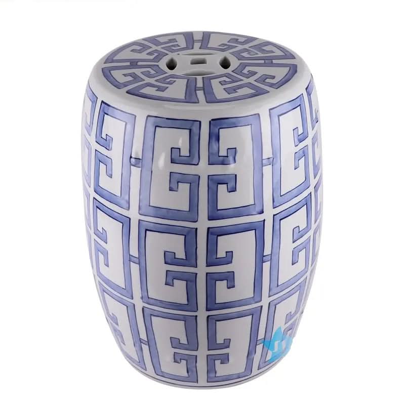 Ceramic Garden Stool in White and Blue Greek Key Pattern