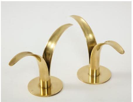 Set of Two Brass Lily Swedish MCM Candle Holders