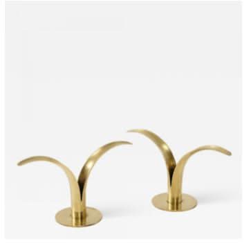 Set of Two Brass Lily Swedish MCM Candle Holders