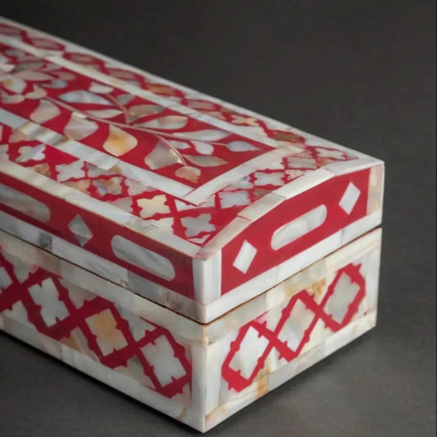 Bone Inlay Vanity Box Red and White