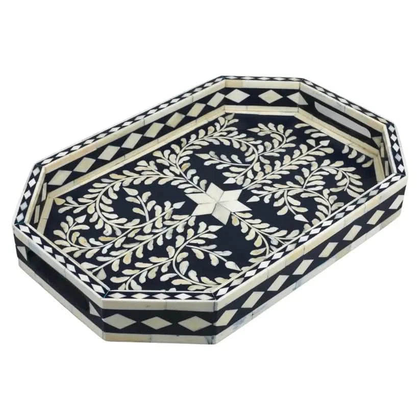 Hexagon Bone Inlay Tray Black and Ivory