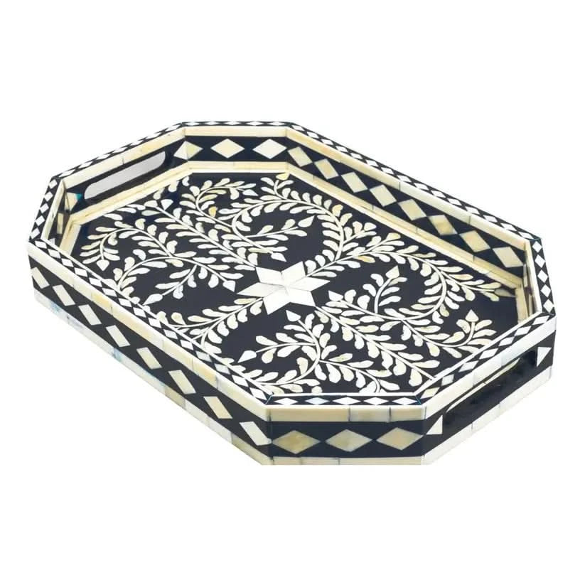 Hexagon Bone Inlay Tray Black and Ivory