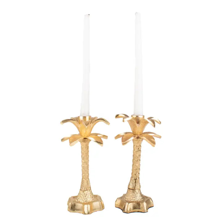 Set of Two Palm Tree Candle Sticks in Gold