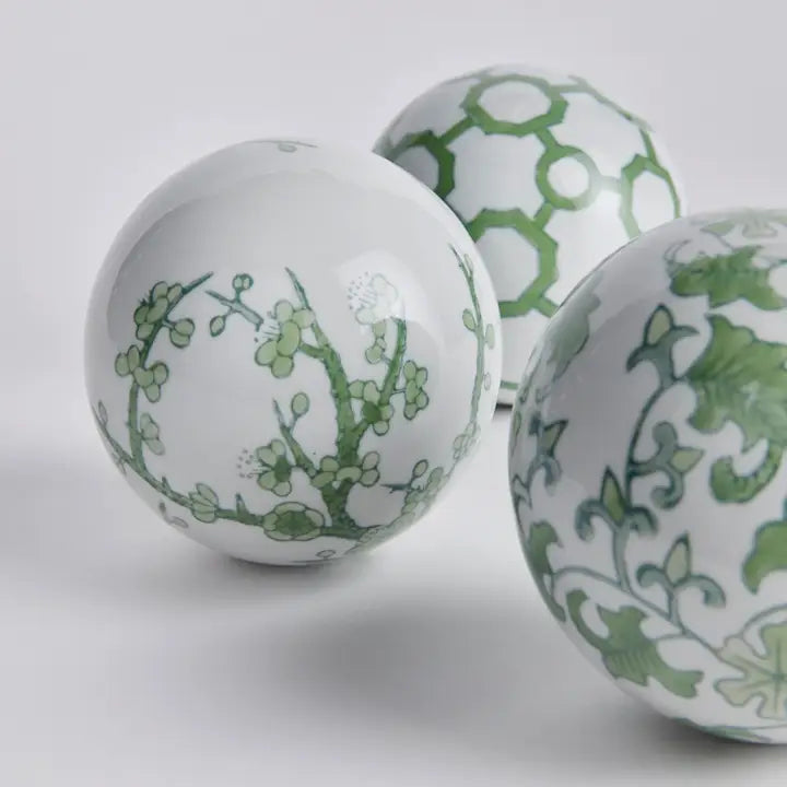Decorative Chinoiserie Orbs in Green Set of Three