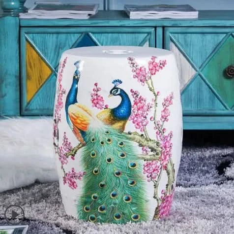 Ceramic Garden Stool with Peacocks
