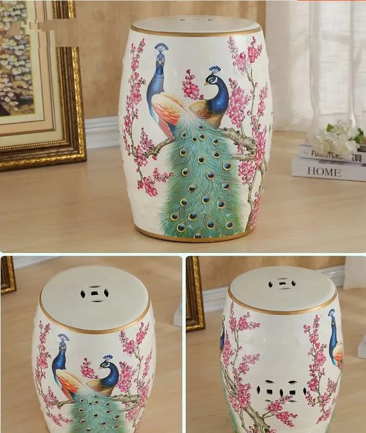 Ceramic Garden Stool with Peacocks