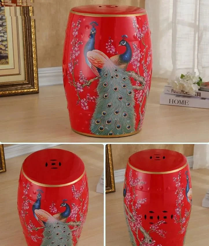 Ceramic Garden Stool with Peacocks