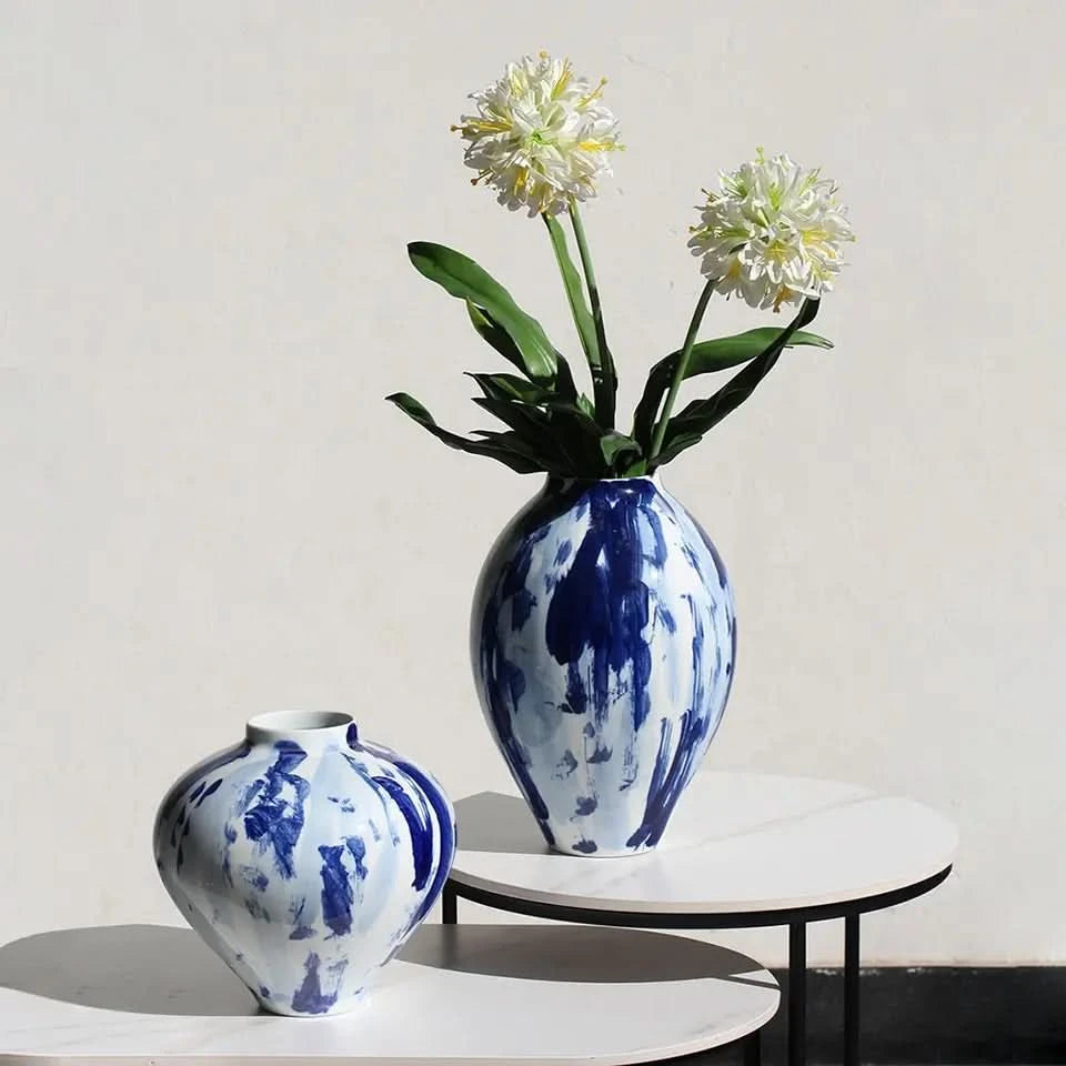 Set of Two Ceramic Vases in White and Indigo