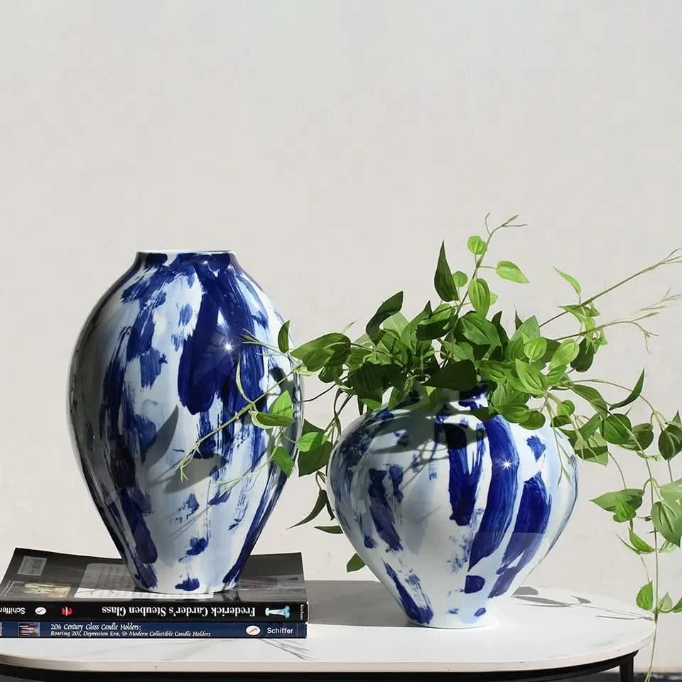 Set of Two Ceramic Vases in White and Indigo