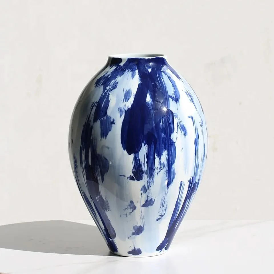 Set of Two Ceramic Vases in White and Indigo