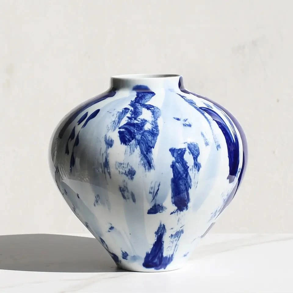 Set of Two Ceramic Vases in White and Indigo