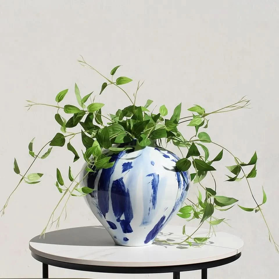 Set of Two Ceramic Vases in White and Indigo