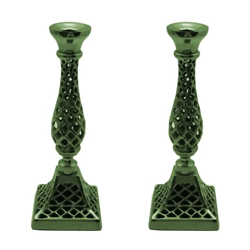 Set of Two Green Metal Candle Holders