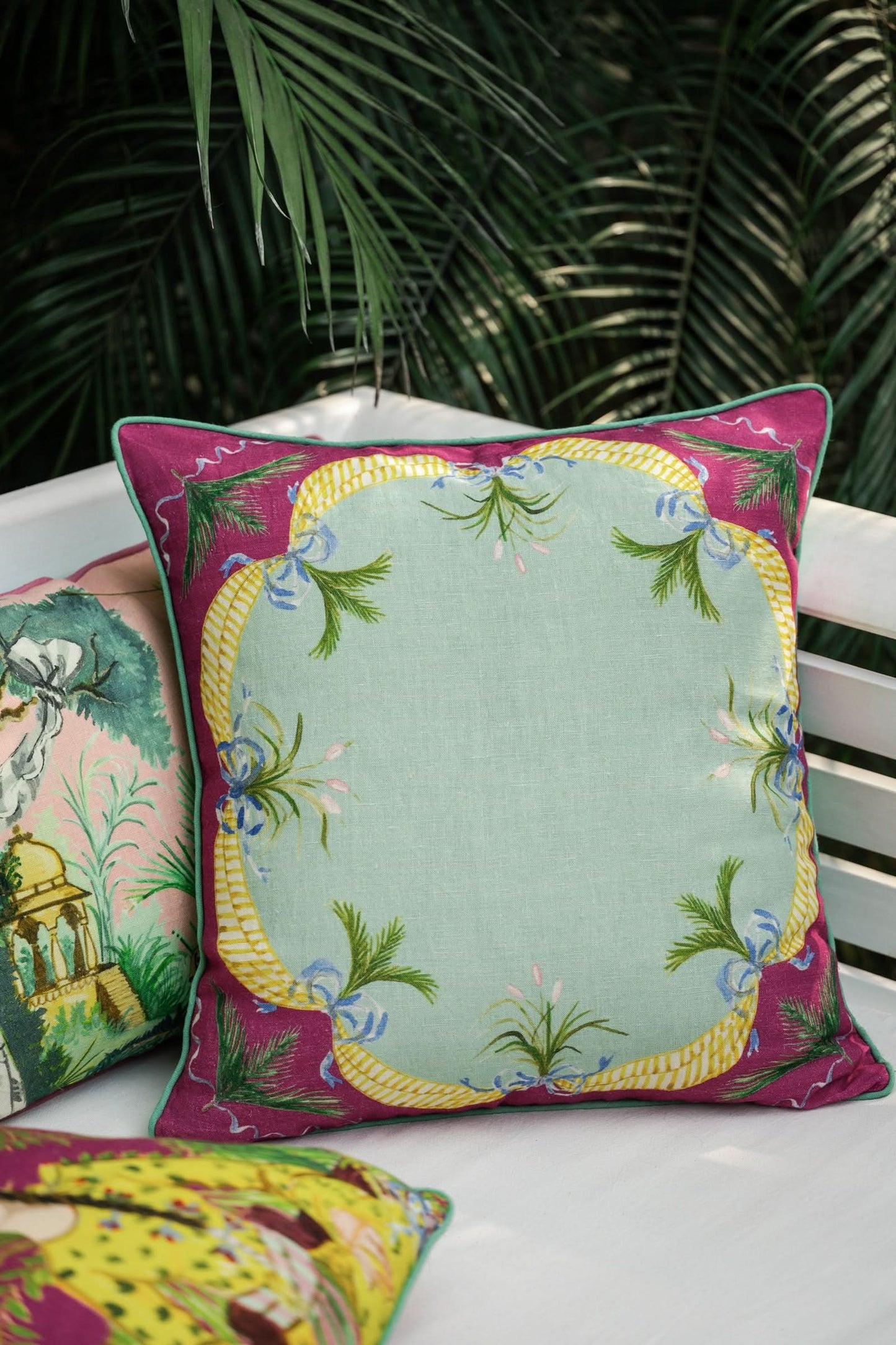 Hand Printed Tropical Medallion Pillow in Linen