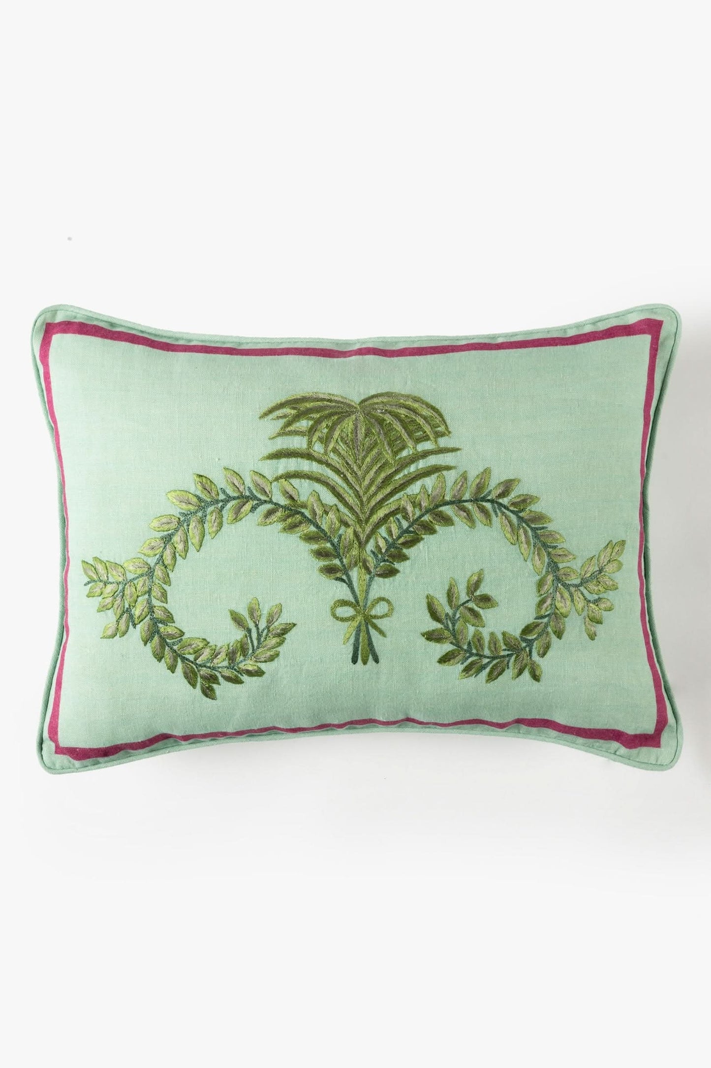 Embroidered Fern Pillow in Linen Magenta