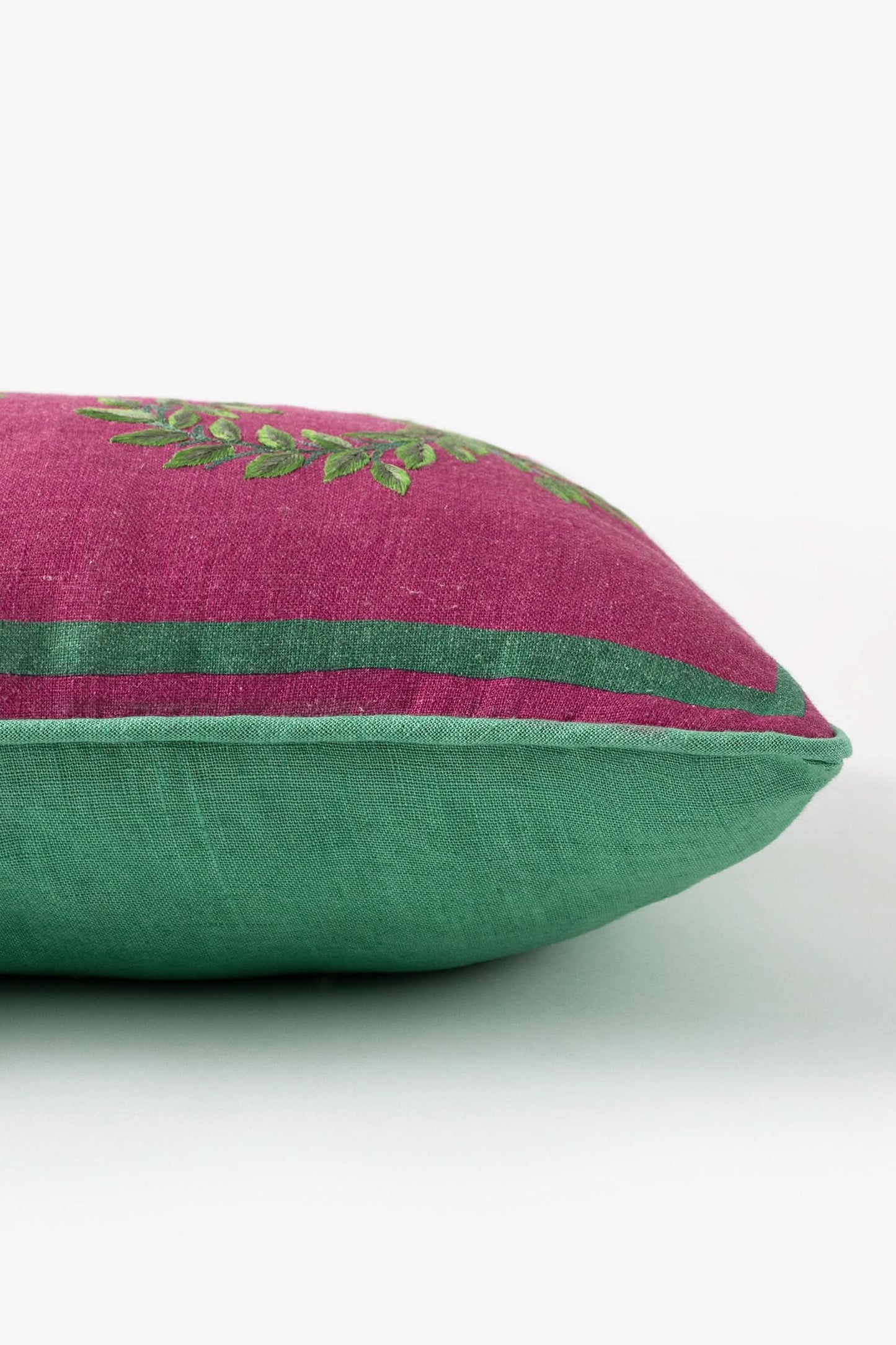 Embroidered Fern Pillow in Linen Magenta