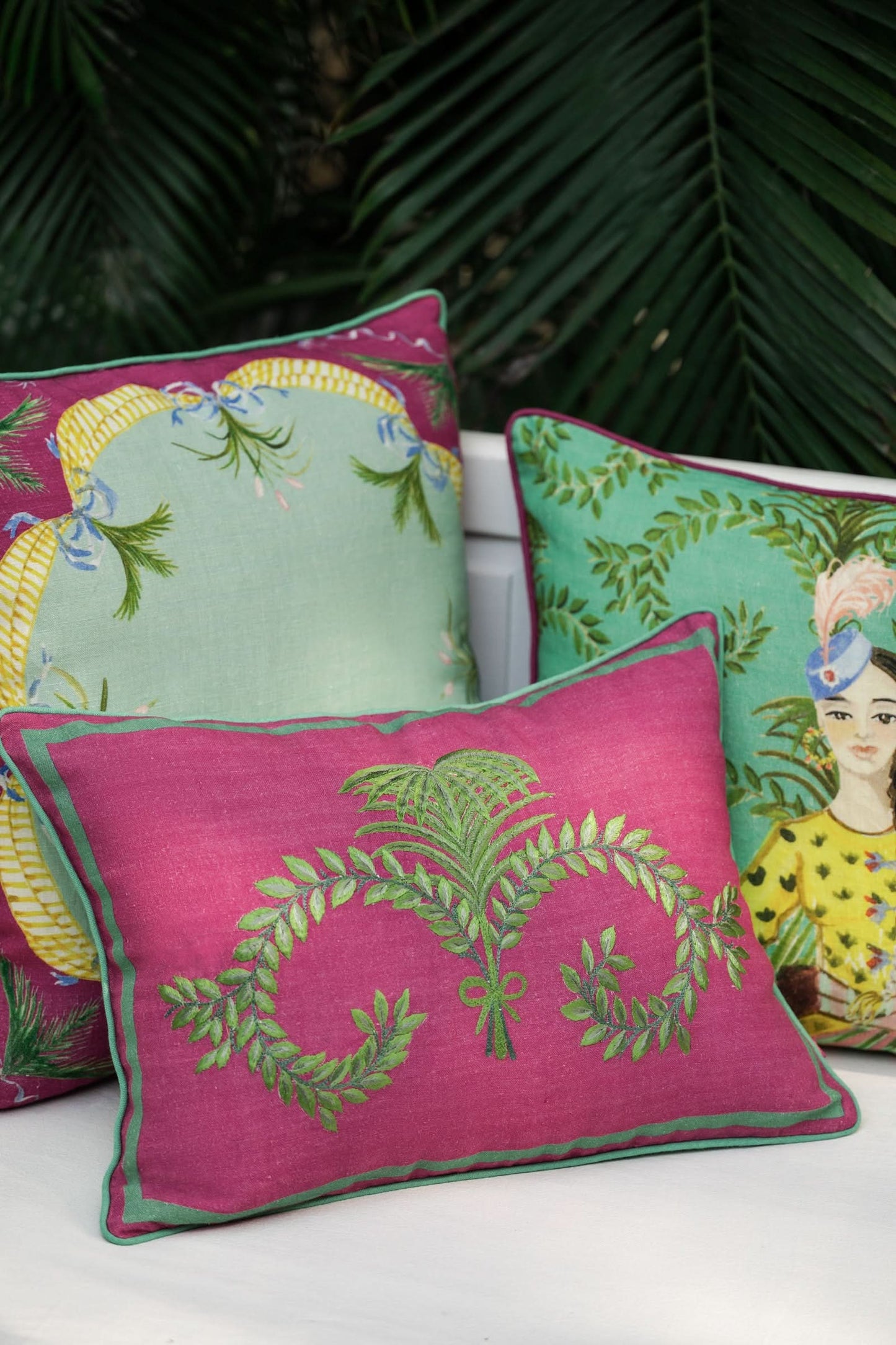 Embroidered Fern Pillow in Linen Magenta