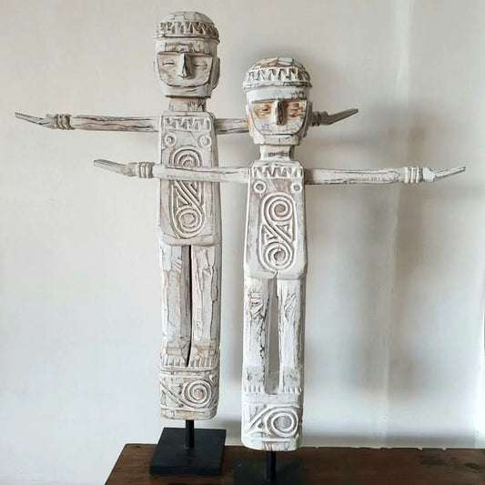 Set of Two Tribal Statues in White Wash
