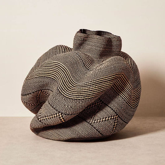 Large twist weave Tribal Ghana Basket in Natural and Black