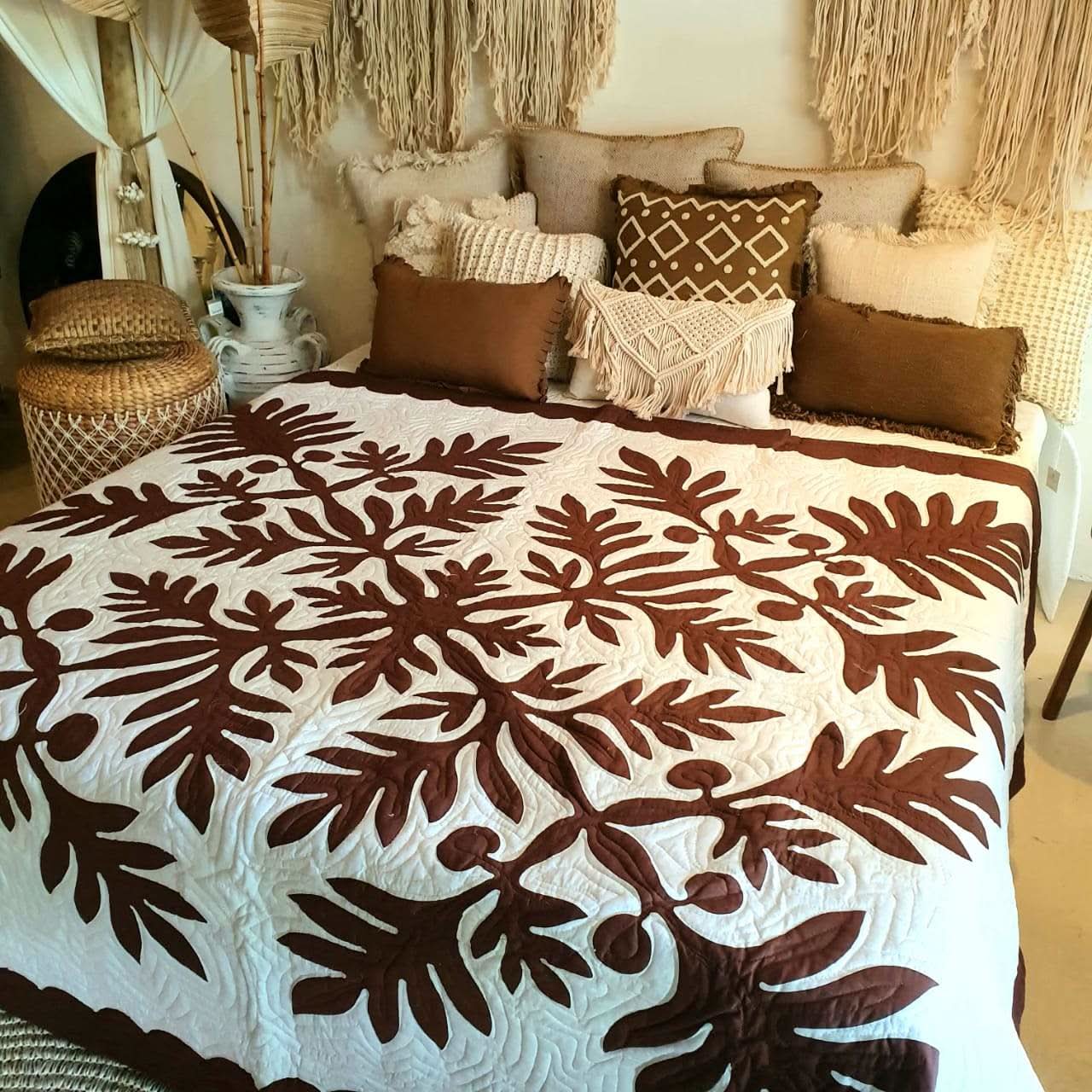 Hand Stitched Tropical Quilt White / Brown - bohemian-beach-house