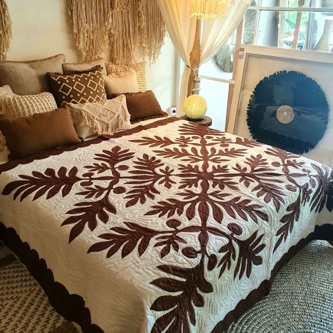 Hand Stitched Tropical Quilt White / Brown - bohemian-beach-house