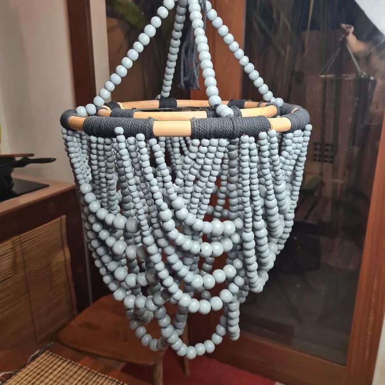 Wood Beaded Chandelier in Grey