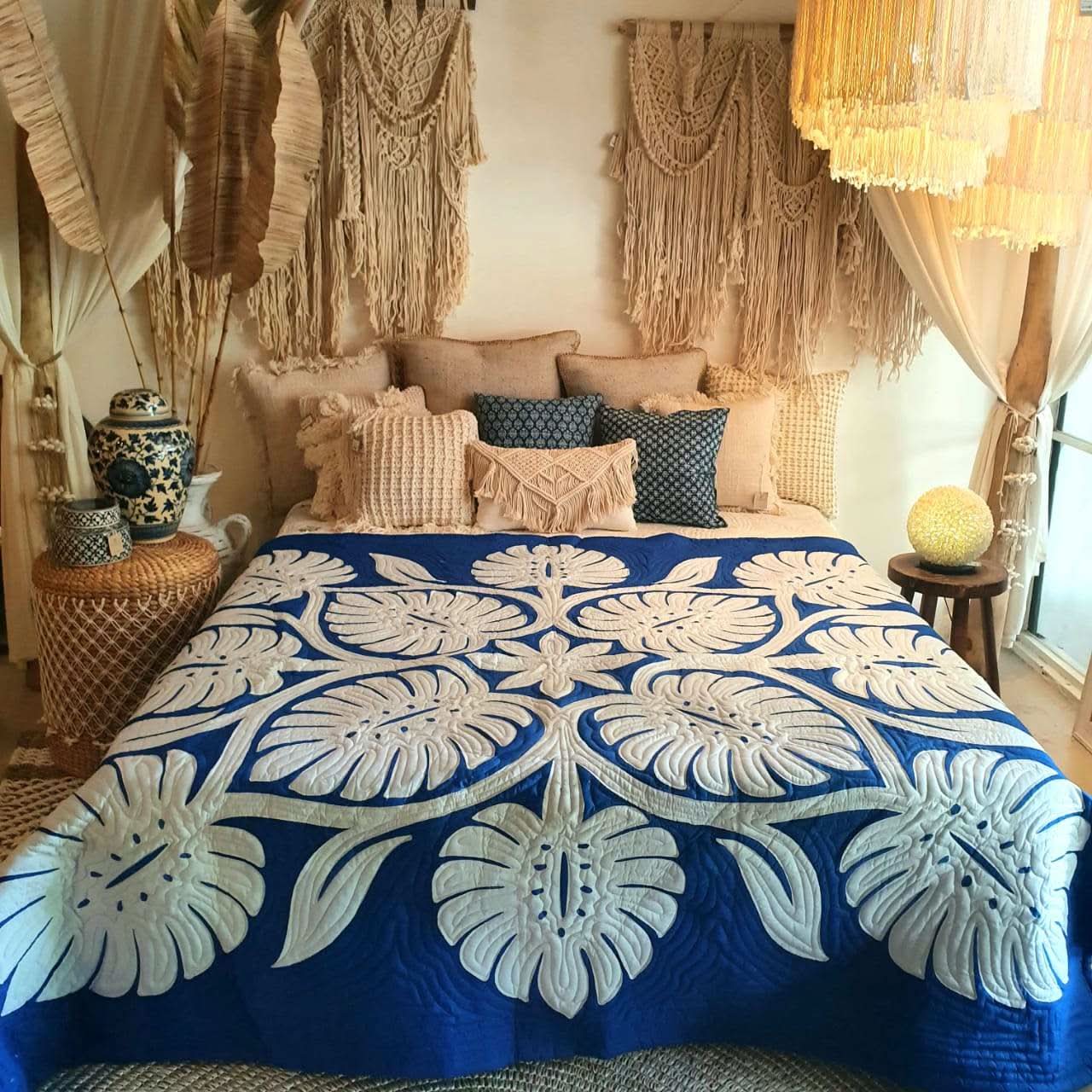 Hand Stitched Tropical Quilt Royal Blue - bohemian-beach-house