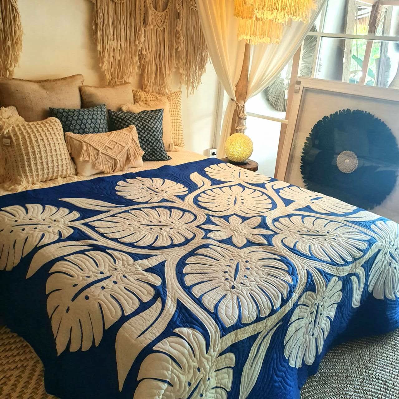Hand Stitched Tropical Quilt Royal Blue - bohemian-beach-house