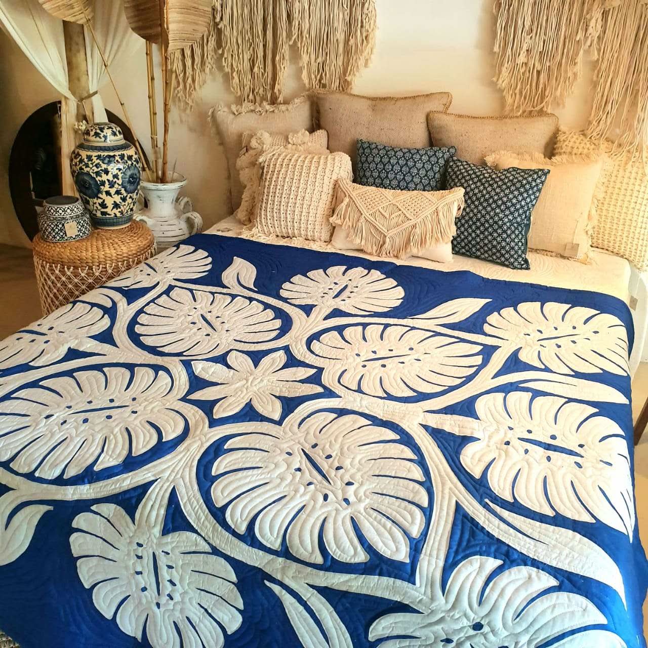 Hand Stitched Tropical Quilt Royal Blue - bohemian-beach-house