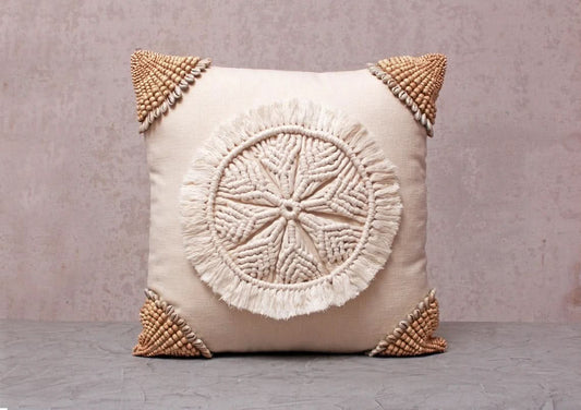 Hand Embroidered Beige Macrame Pillow