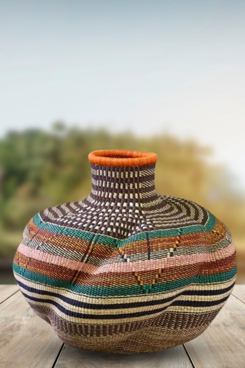 Large twist weave Tribal Ghana Basket in Orange Teal and Pink