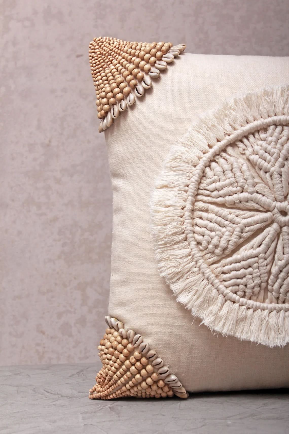 Hand Embroidered Beige Macrame Pillow
