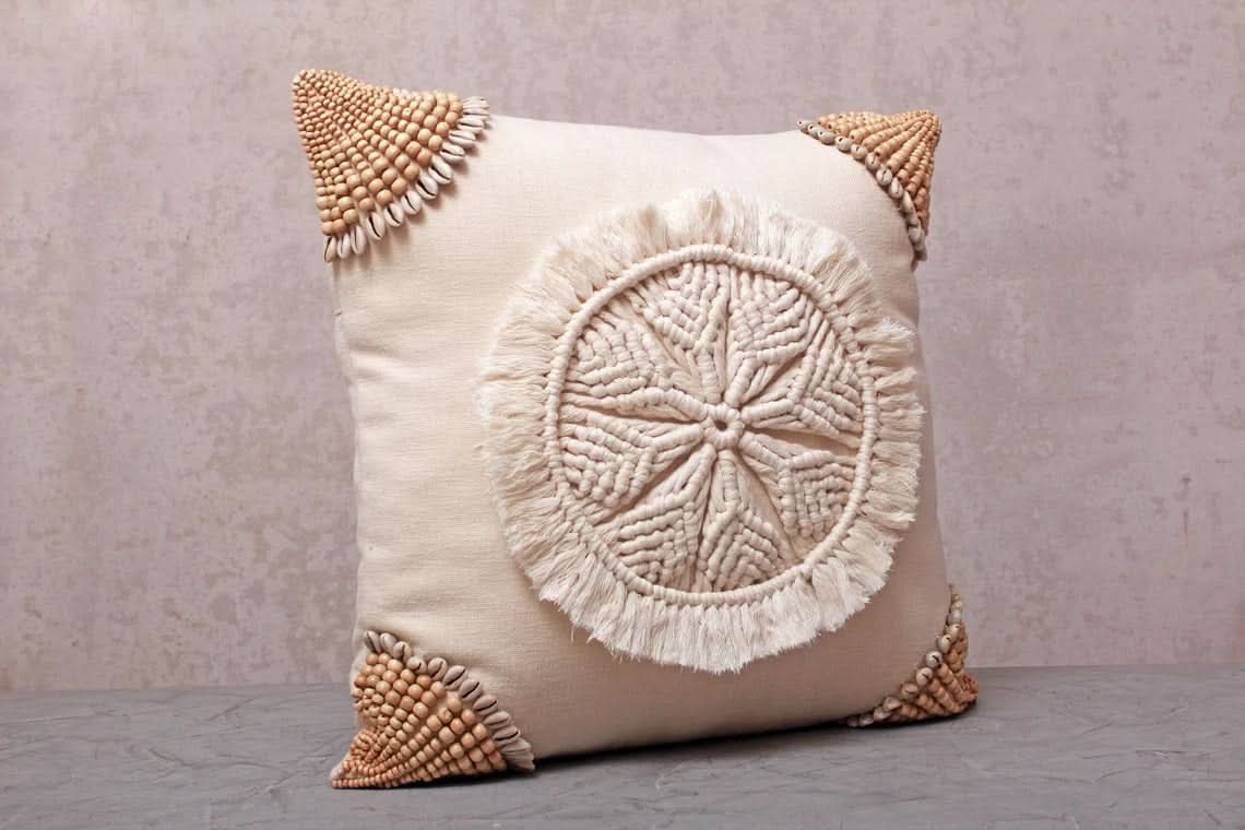 Hand Embroidered Beige Macrame Pillow
